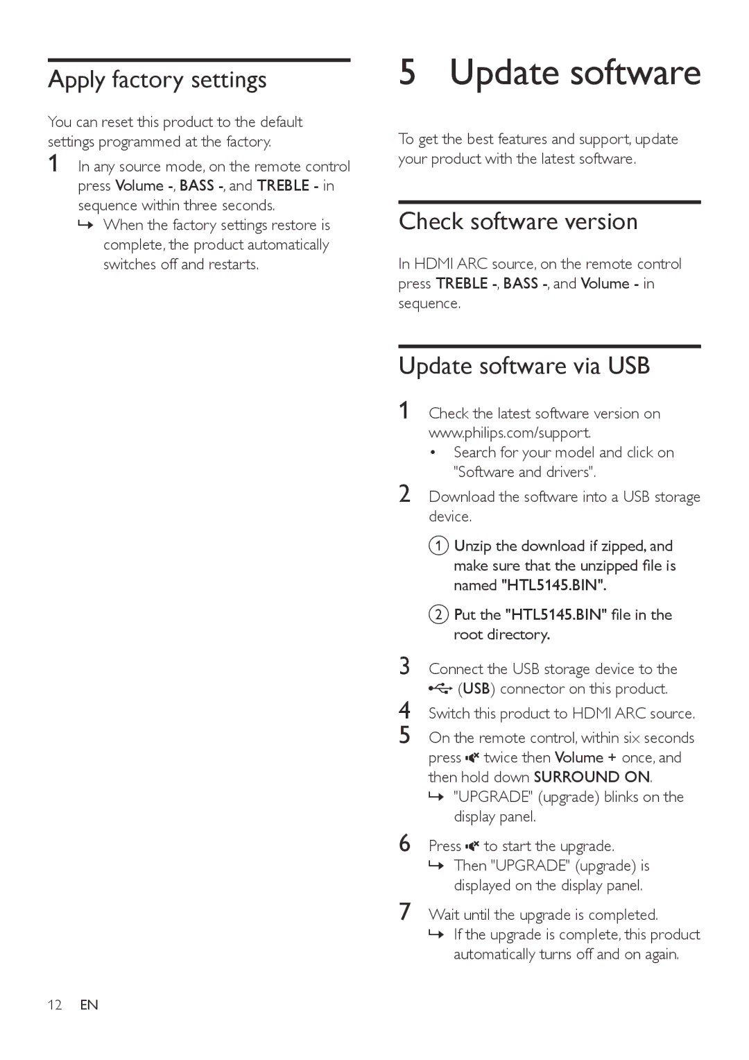 Philips HTL5145B user manual Apply factory settings, Check software version, Update software via USB 