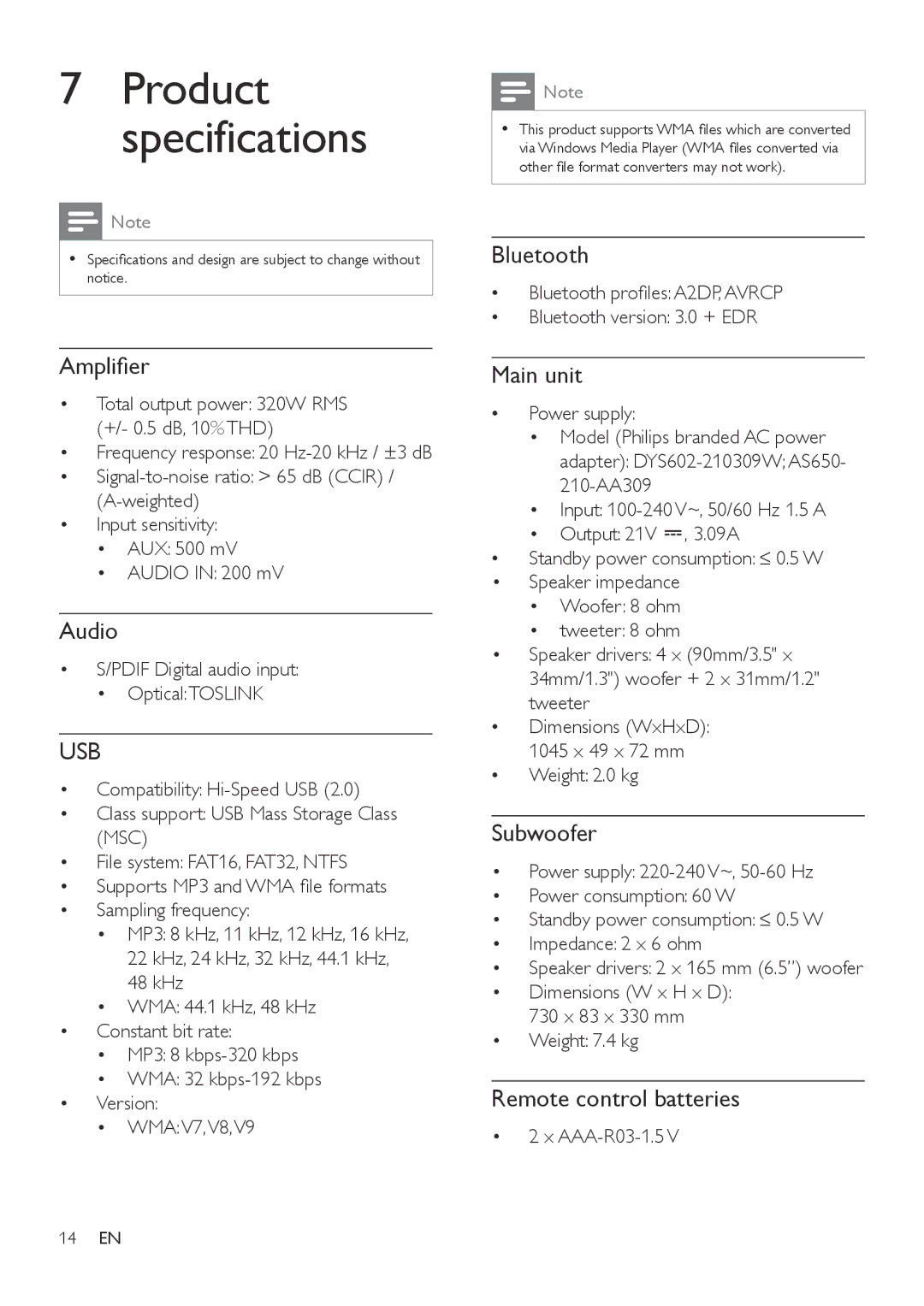 Philips HTL5145B user manual Amplifier, Audio, Bluetooth, Main unit, Subwoofer, Remote control batteries 