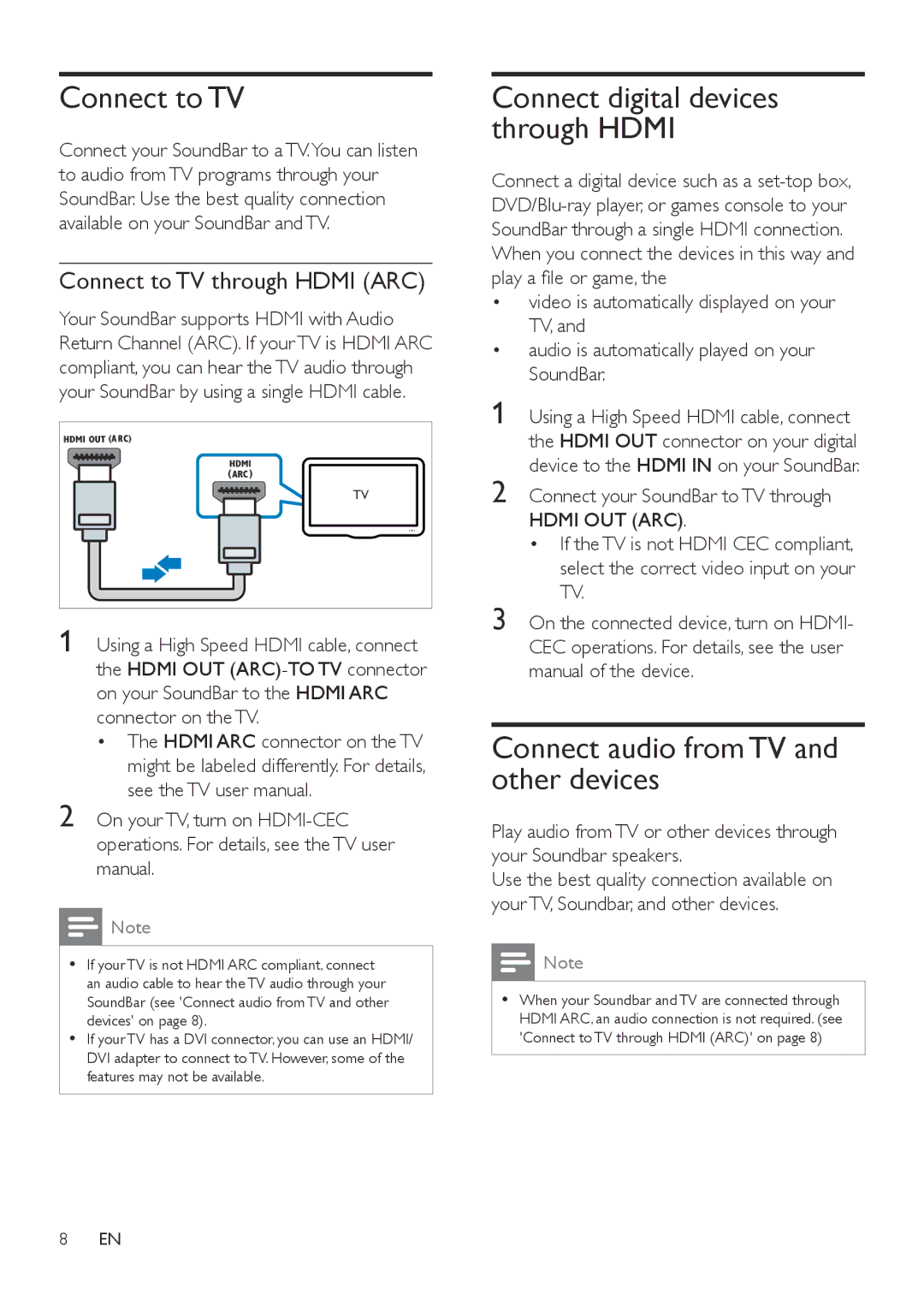 Philips HTL6145C user manual Connect audio from TV and other devices, Connect to TV through Hdmi ARC 