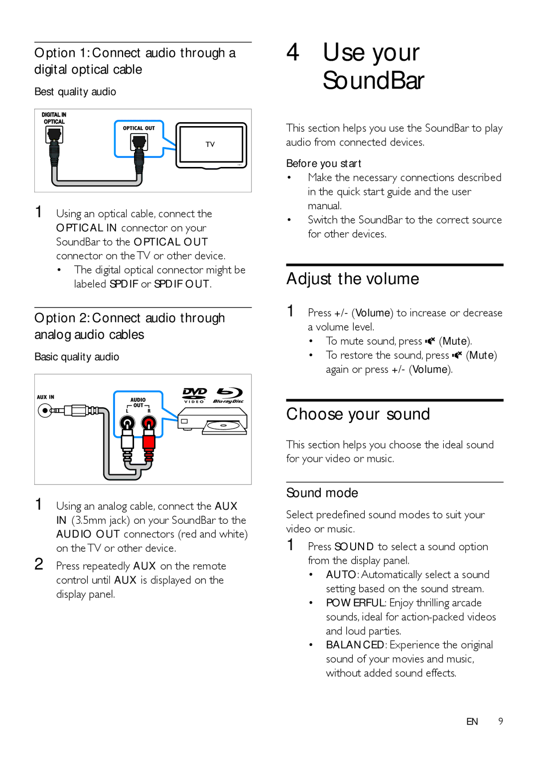 Philips HTL6145C Adjust the volume, Choose your sound, Option 1 Connect audio through a digital optical cable, Sound mode 