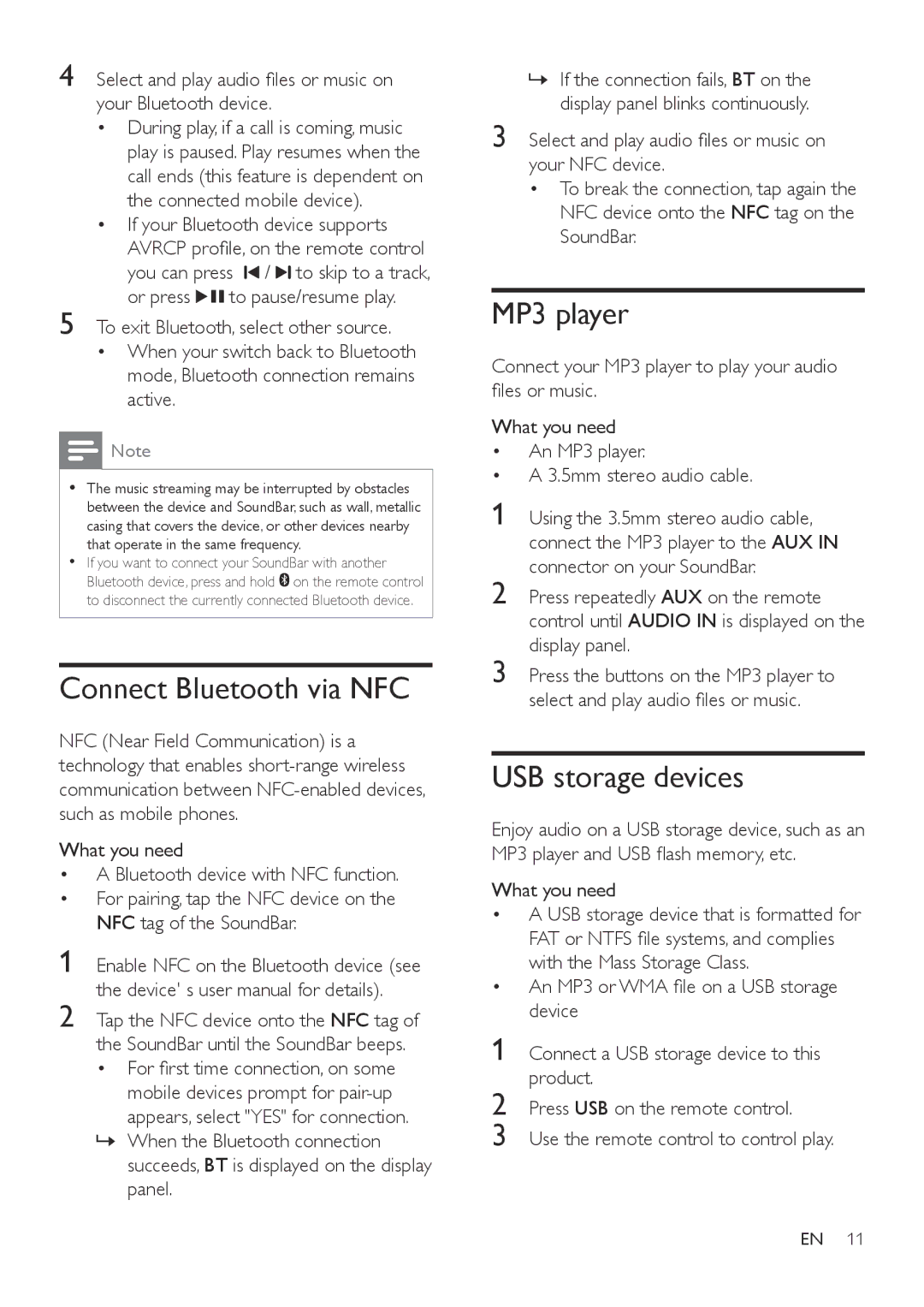 Philips HTL6145C user manual Connect Bluetooth via NFC, MP3 player, USB storage devices 