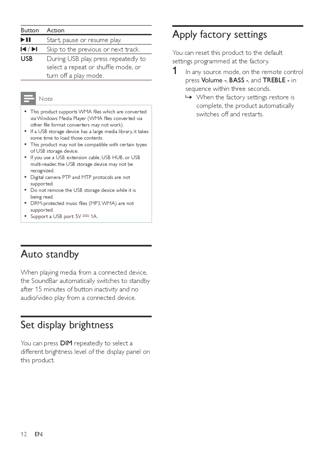 Philips HTL6145C user manual Auto standby, Set display brightness, Apply factory settings 