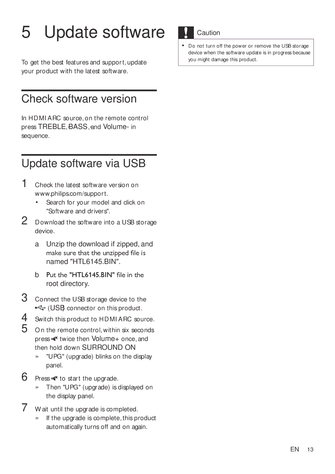 Philips HTL6145C user manual Check software version, Update software via USB 