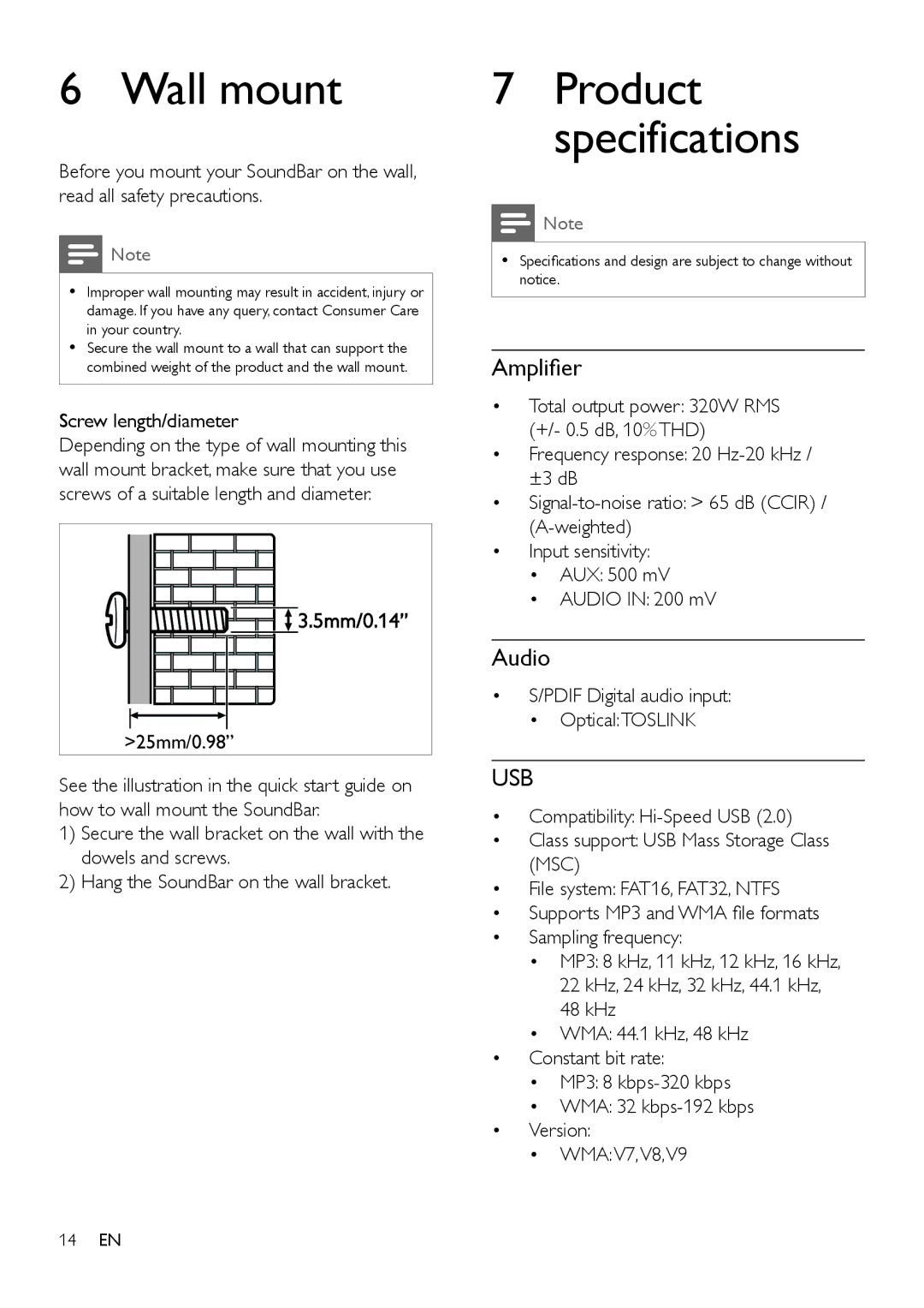 Philips HTL6145C user manual Wall mount, Amplifier, Audio 