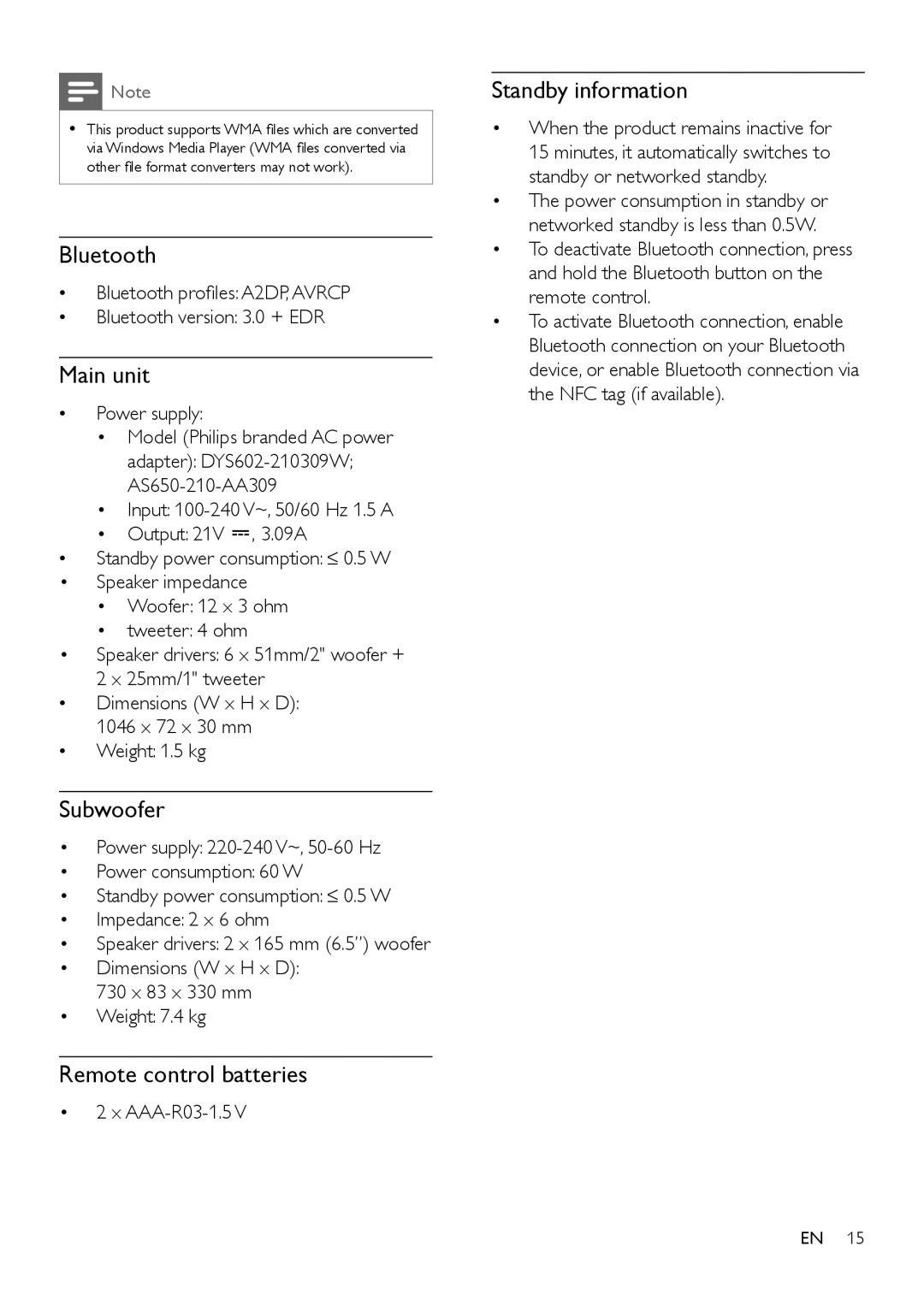 Philips HTL6145C user manual Bluetooth, Main unit, Subwoofer, Remote control batteries, Standby information 