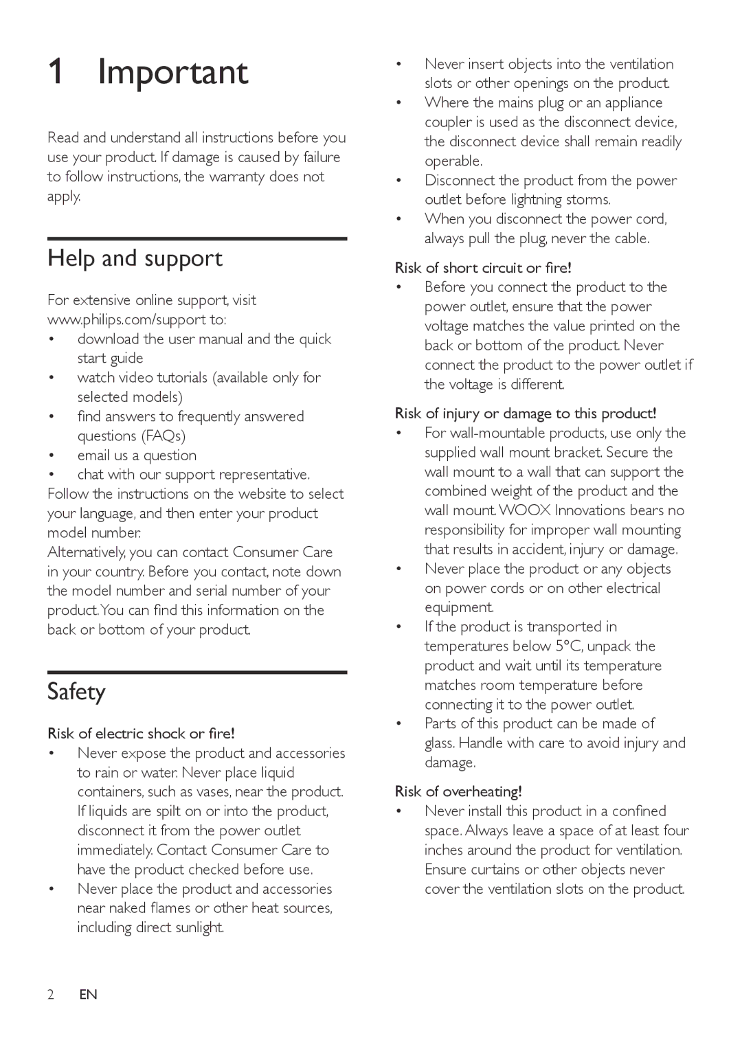 Philips HTL6145C user manual Help and support, Safety, Risk of electric shock or fire 