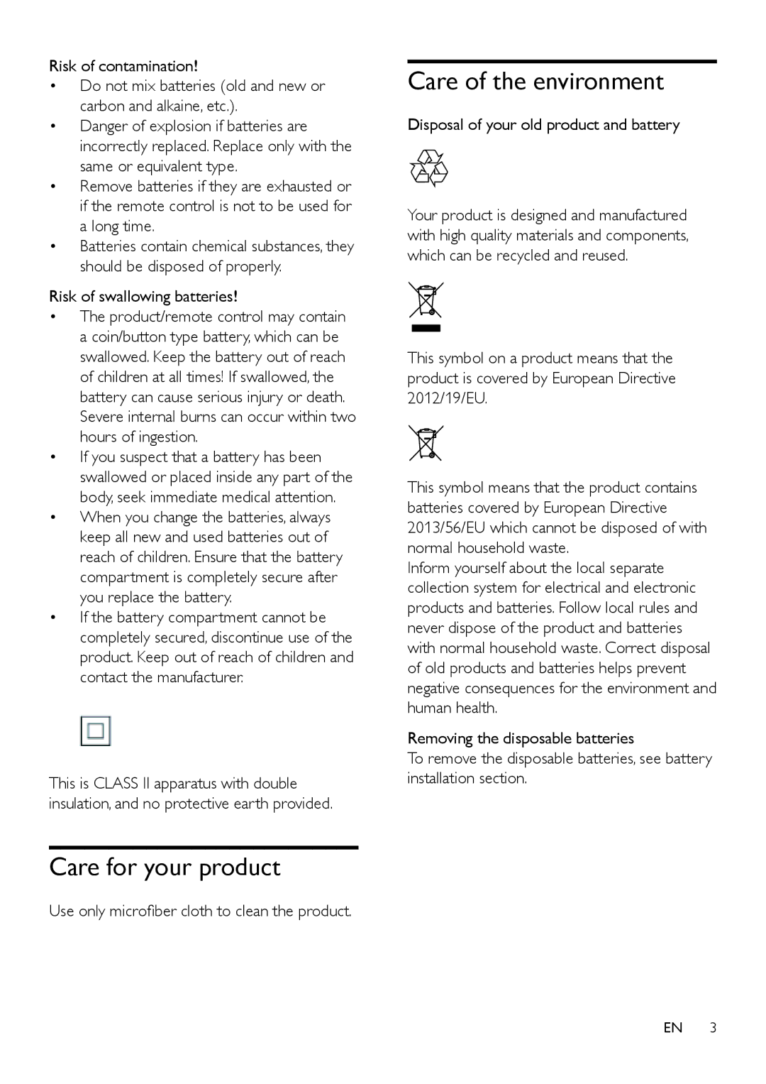 Philips HTL6145C user manual Care for your product, Care of the environment, Risk of swallowing batteries 