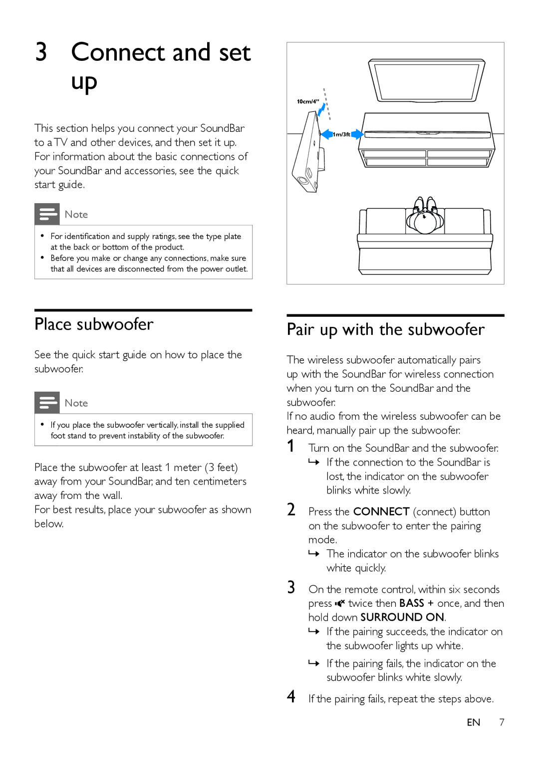 Philips HTL6145C user manual Connect and set up, Place subwoofer, Pair up with the subwoofer 