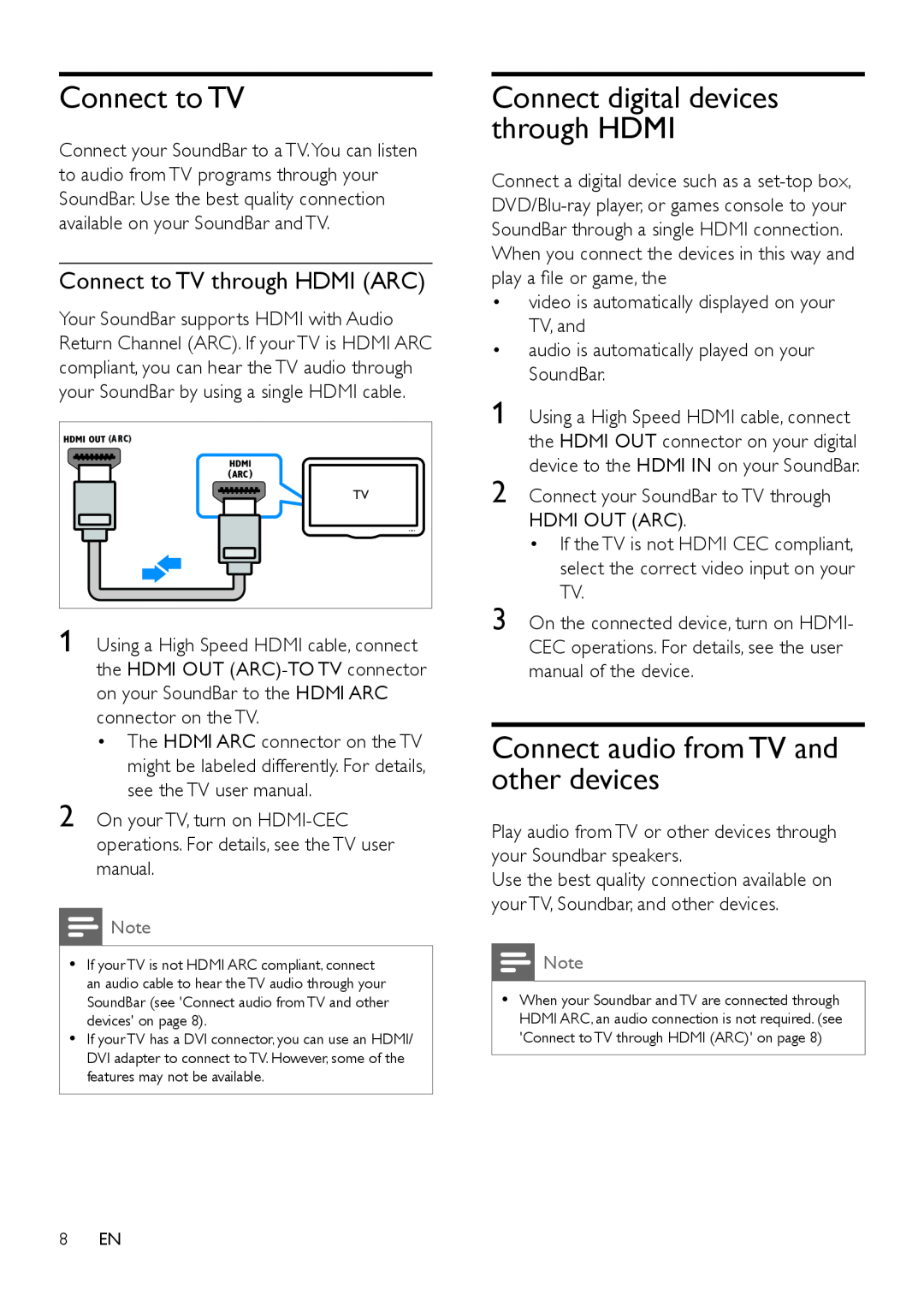 Philips HTL6145C user manual Connect to TV, Connect audio from TV and other devices, Connect digital devices through HDMI 