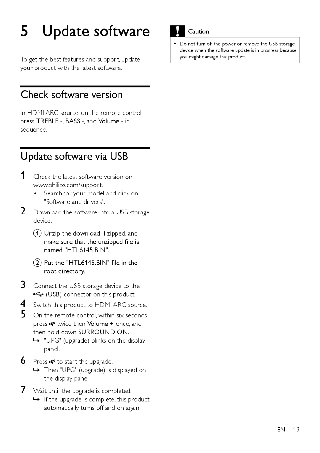 Philips HTL6145C user manual Check software version, Update software via USB 