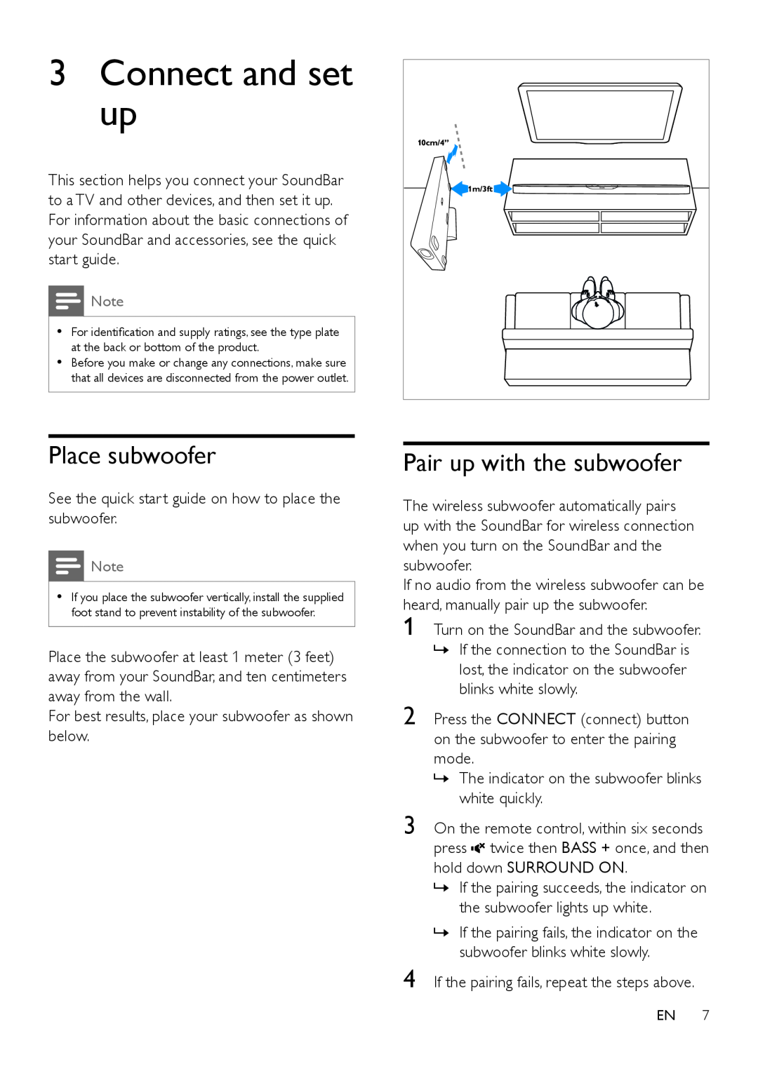 Philips HTL6145C user manual 3Connect and set up, Place subwoofer, Pair up with the subwoofer 