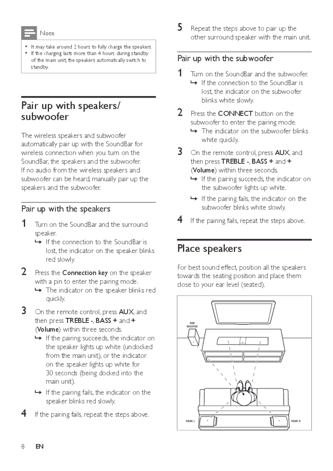 Philips HTL9100 user manual Place speakers, Pair up with the speakers, Pair up with the subwoofer 