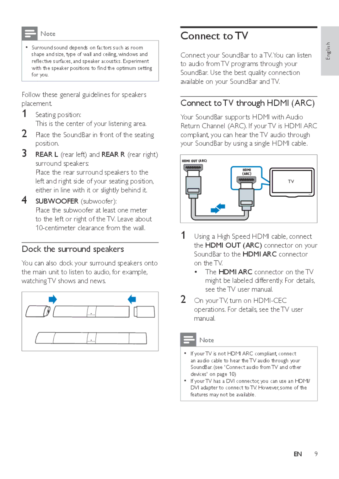 Philips HTL9100 user manual Dock the surround speakers, Connect to TV through Hdmi ARC 