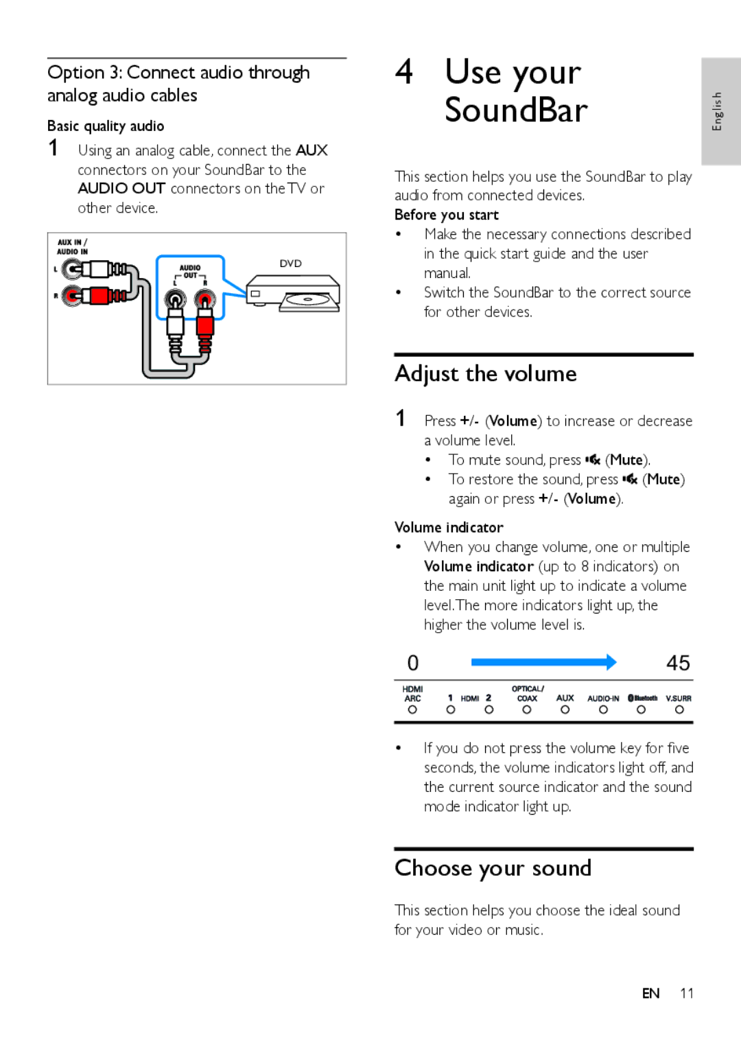 Philips HTL9100 user manual Use your SoundBar, Adjust the volume, Choose your sound, Volume indicator 