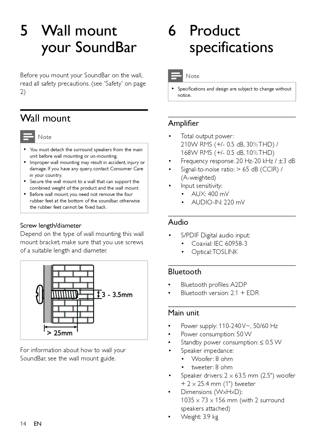 Philips HTL9100 user manual Wall mount, Amplifier, Audio, Bluetooth, Main unit 