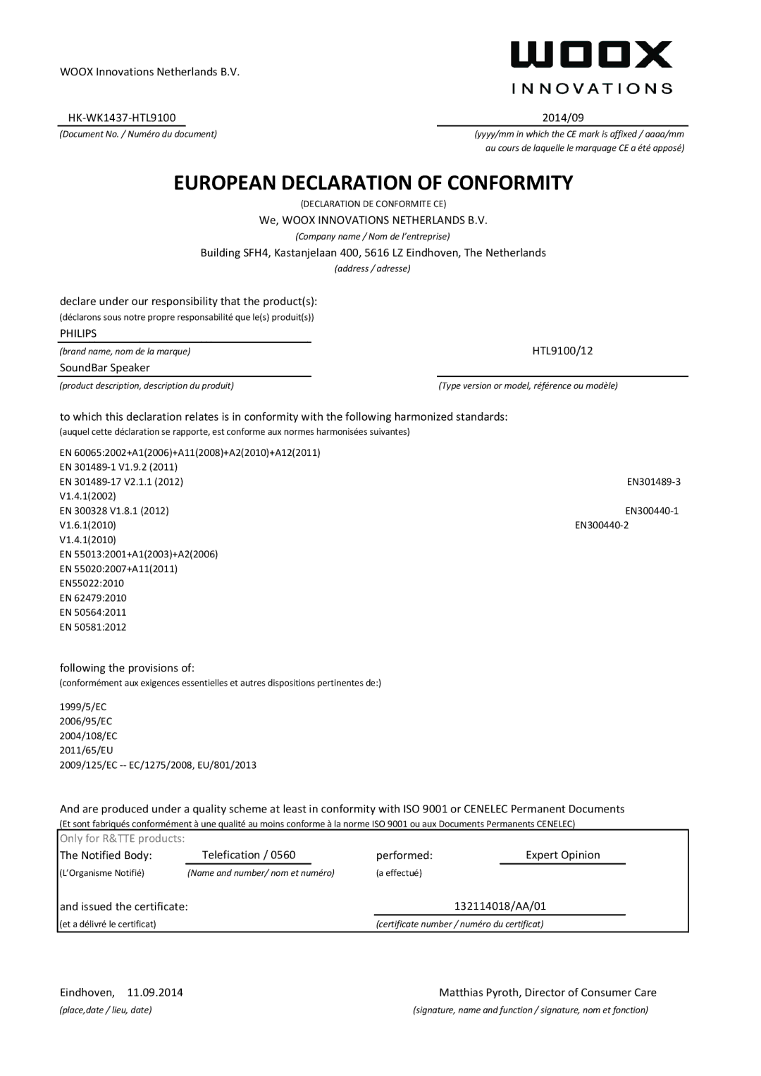 Philips HTL9100 user manual European Declaration of Conformity 