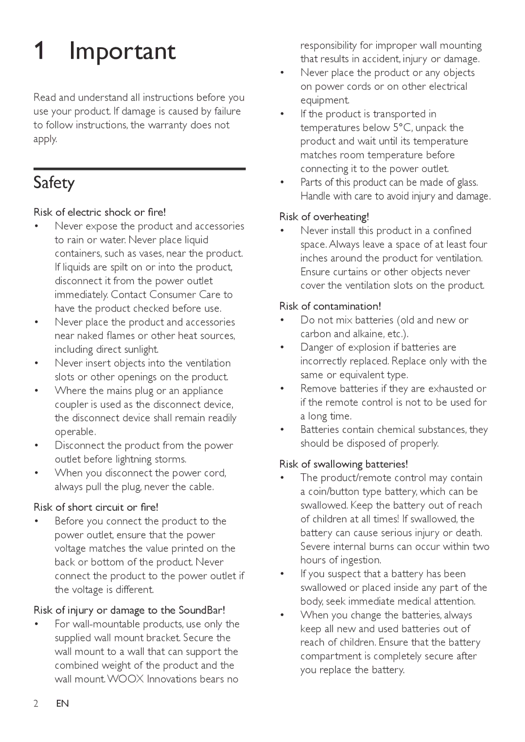 Philips HTL9100 user manual Safety, Risk of electric shock or fire, Risk of overheating, Risk of swallowing batteries 