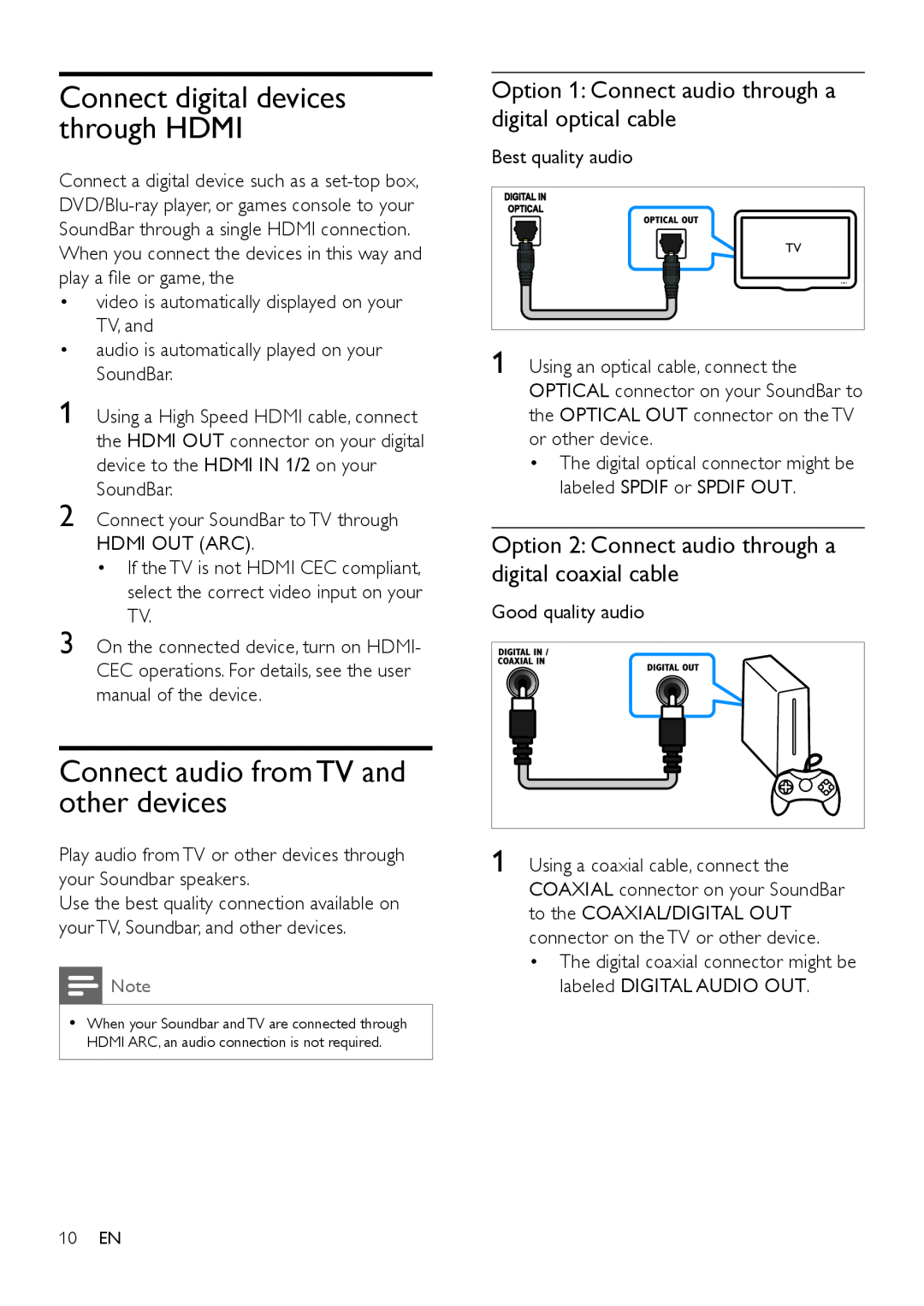 Philips HTL9100 user manual Connect audio from TV and other devices, Connect digital devices through HDMI 
