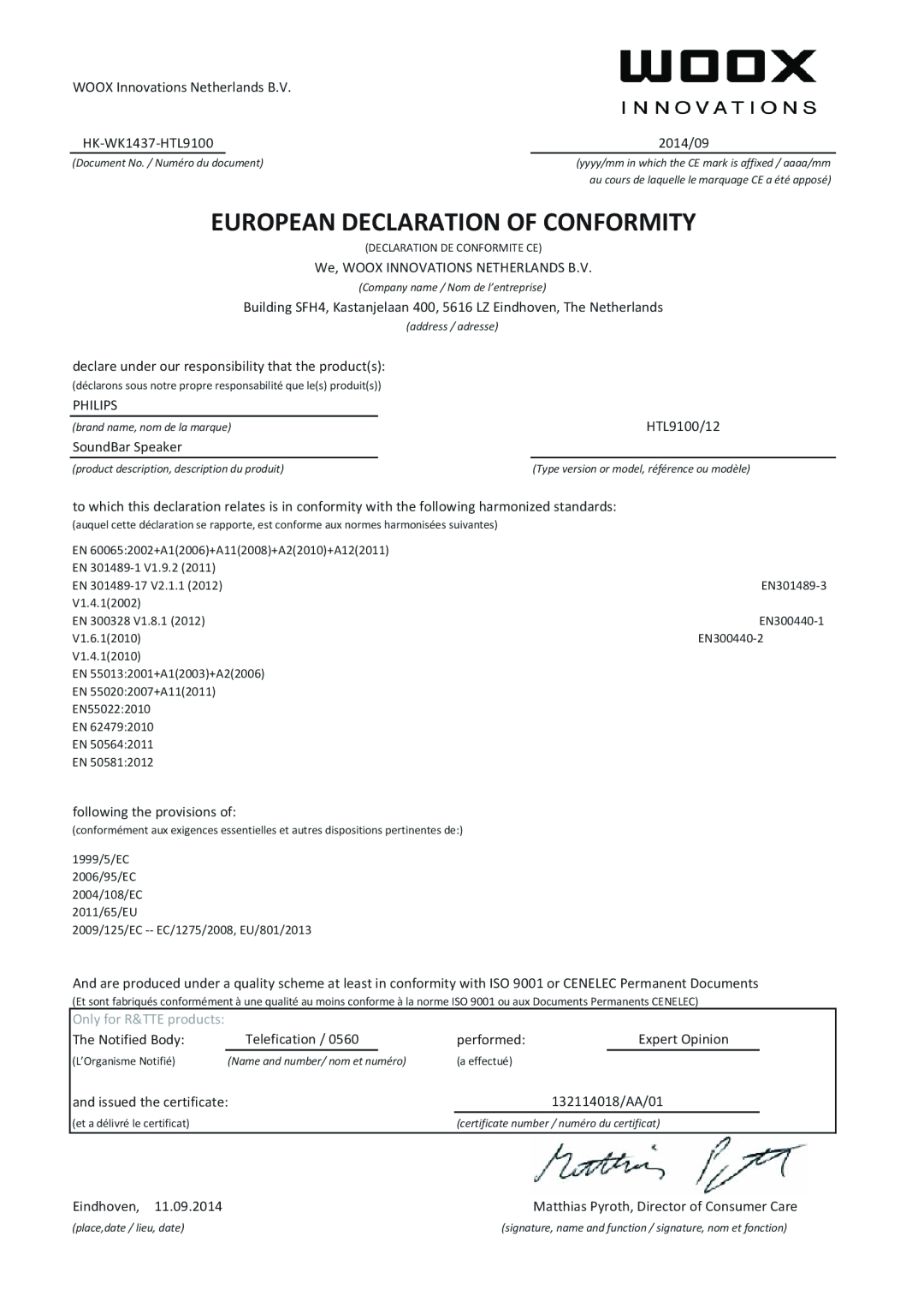 Philips user manual European Declaration Of Conformity, WOOX Innovations Netherlands B.V, HK-WK1437-HTL9100, 2014/09 
