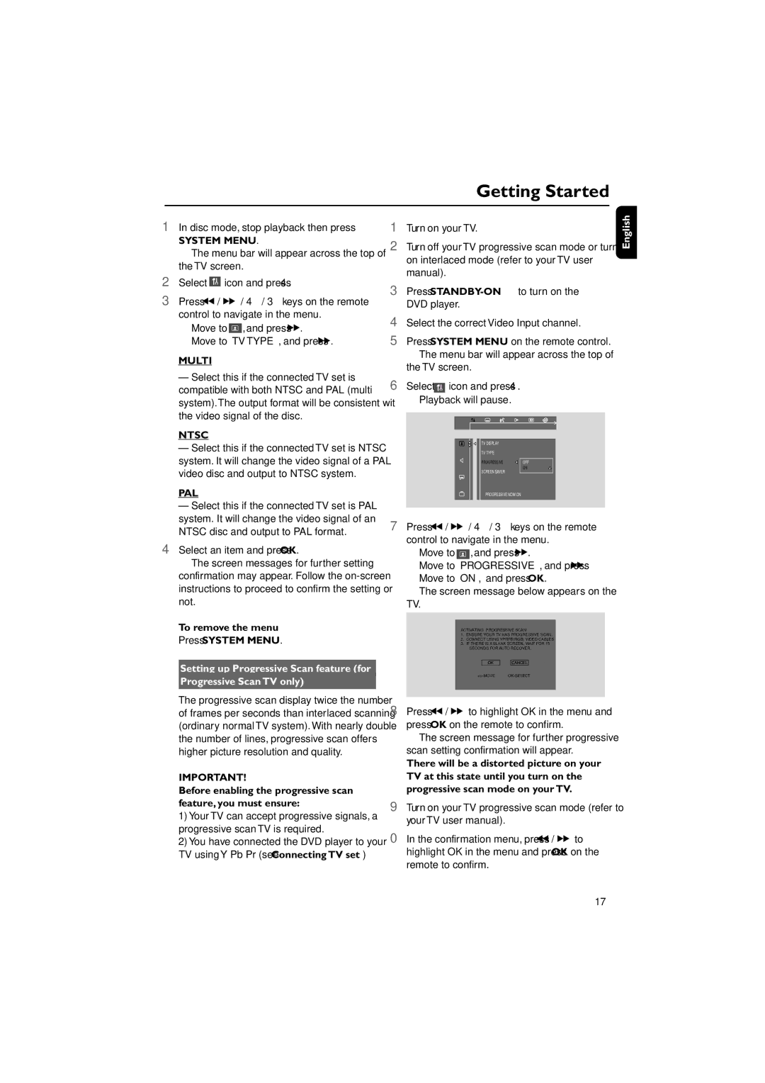 Philips MCD139/78, HTM139 user manual Multi, Ntsc, Pal, To remove the menu Press System Menu, Progressive Scan TV only 