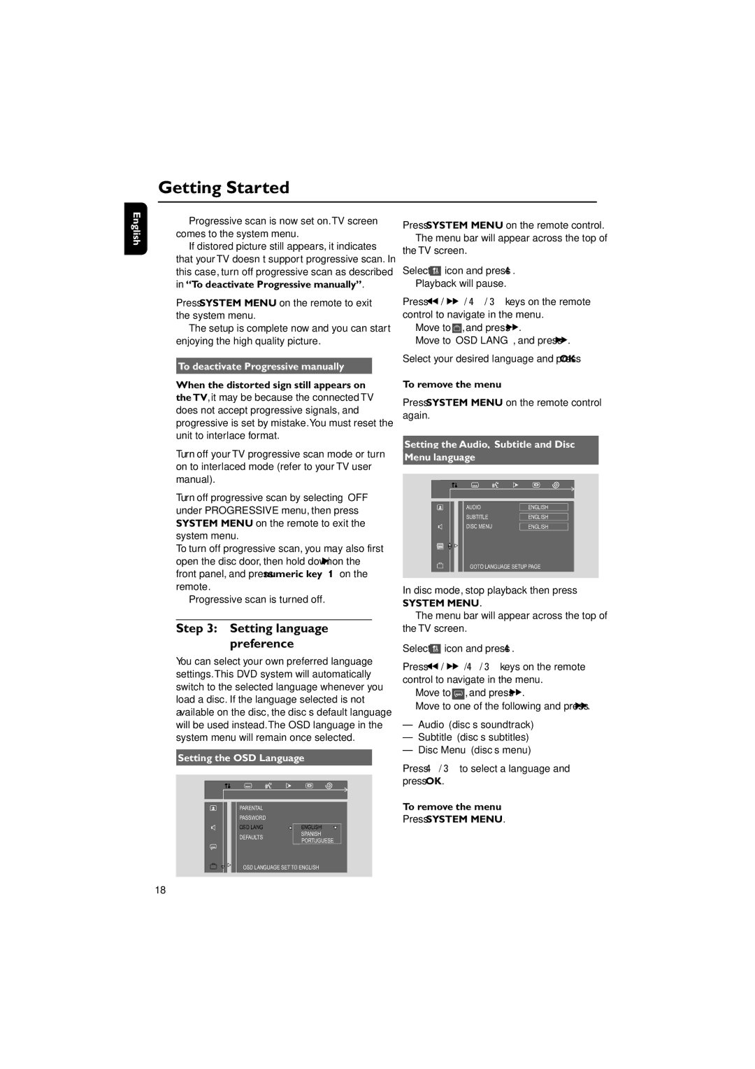 Philips HTM139, MCD139/78 Setting language preference, To deactivate Progressive manually, Setting the OSD Language 