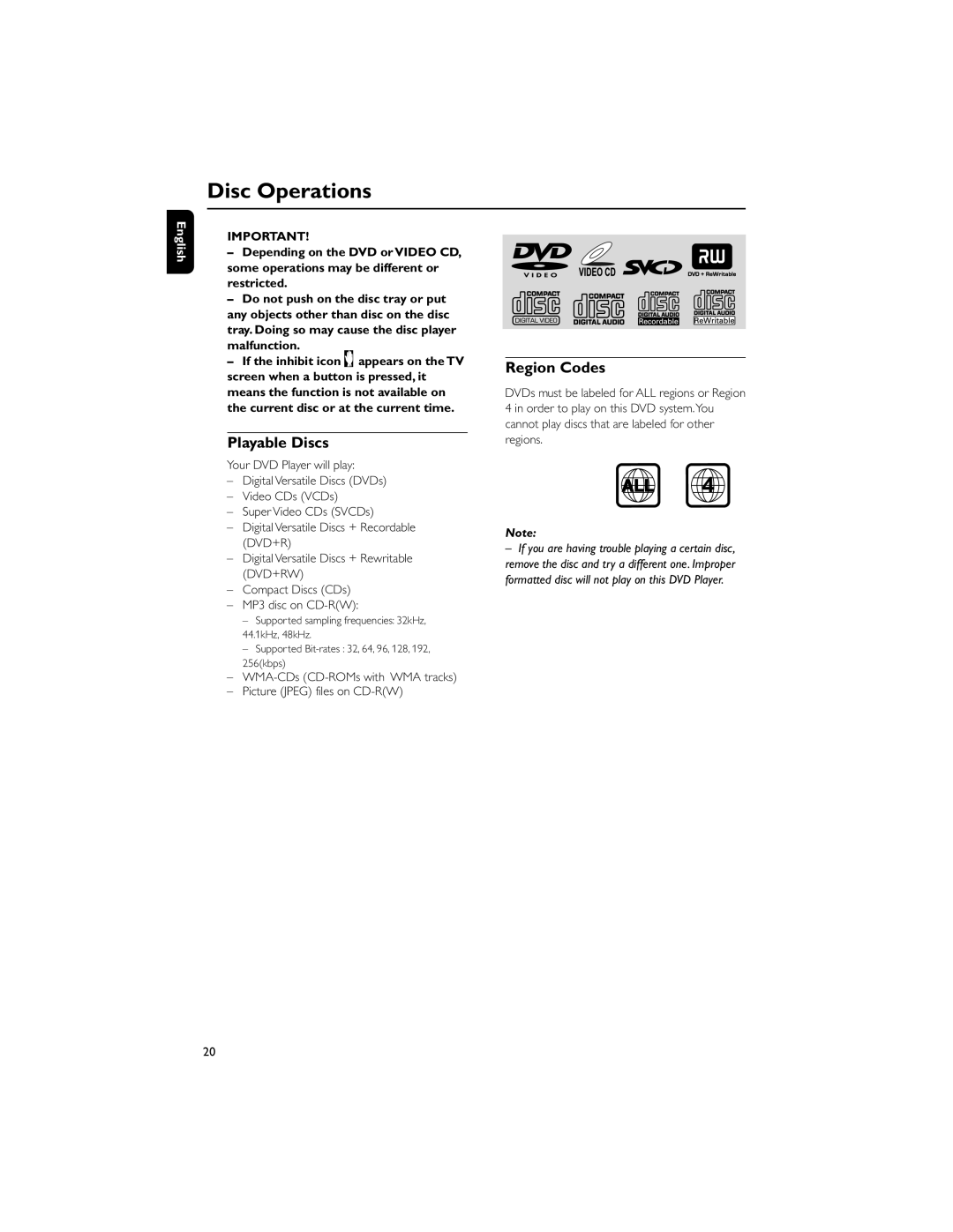 Philips HTM139 Disc Operations, Playable Discs, Region Codes, WMA-CDs CD-ROMs with WMA tracks Picture Jpeg files on CD-RW 