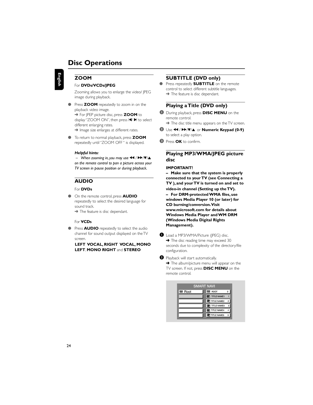 Philips HTM139, MCD139/78 user manual Subtitle DVD only, Playing a Title DVD only, Playing MP3/WMA/JPEG picture disc 