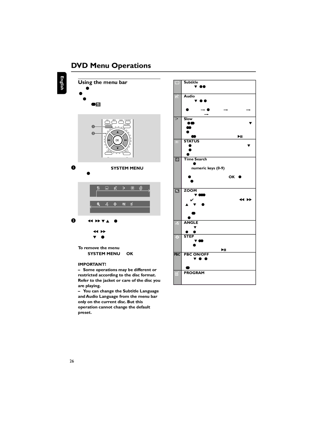 Philips HTM139, MCD139/78 user manual DVD Menu Operations, Using the menu bar 