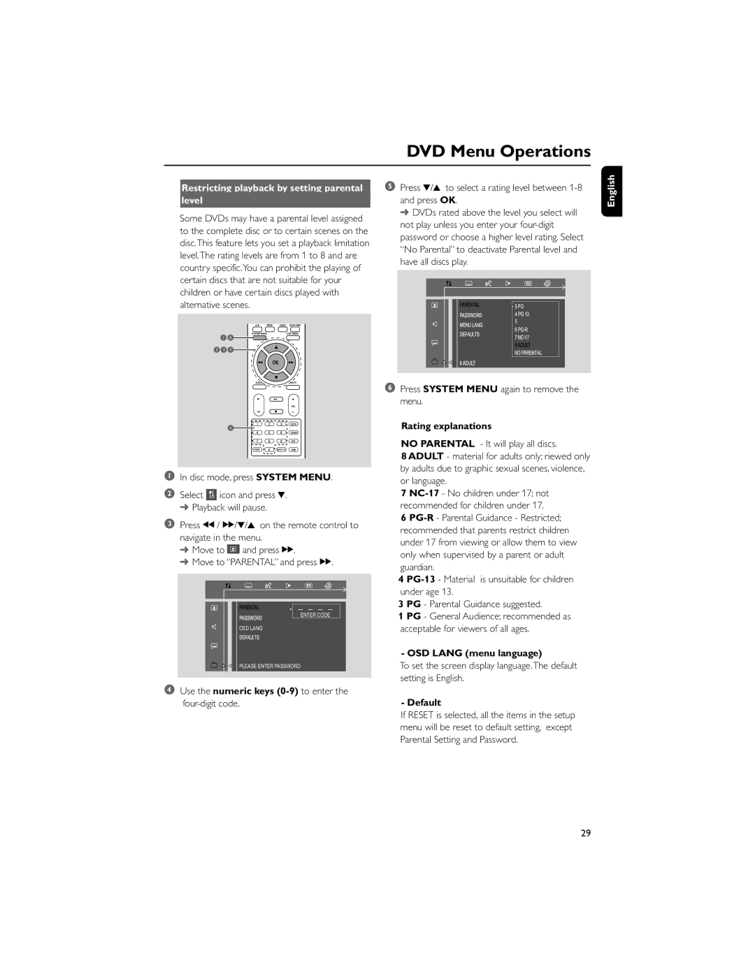 Philips MCD139/78 Restricting playback by setting parental Level, Use the numeric keys 0-9 to enter the four-digit code 