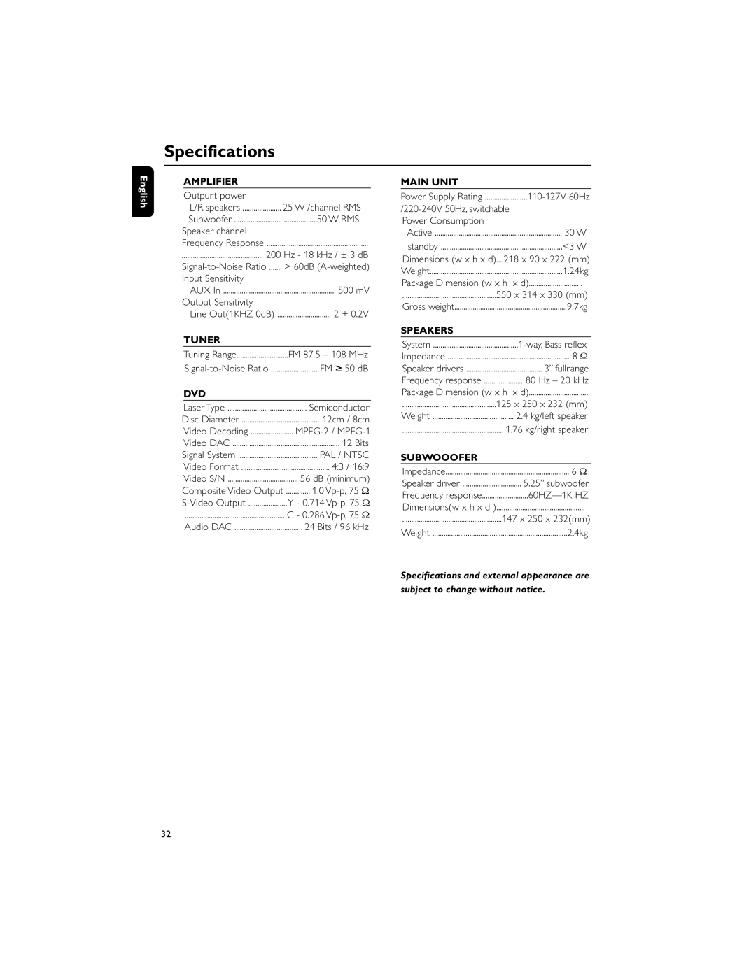 Philips HTM139, MCD139/78 user manual Specifications 