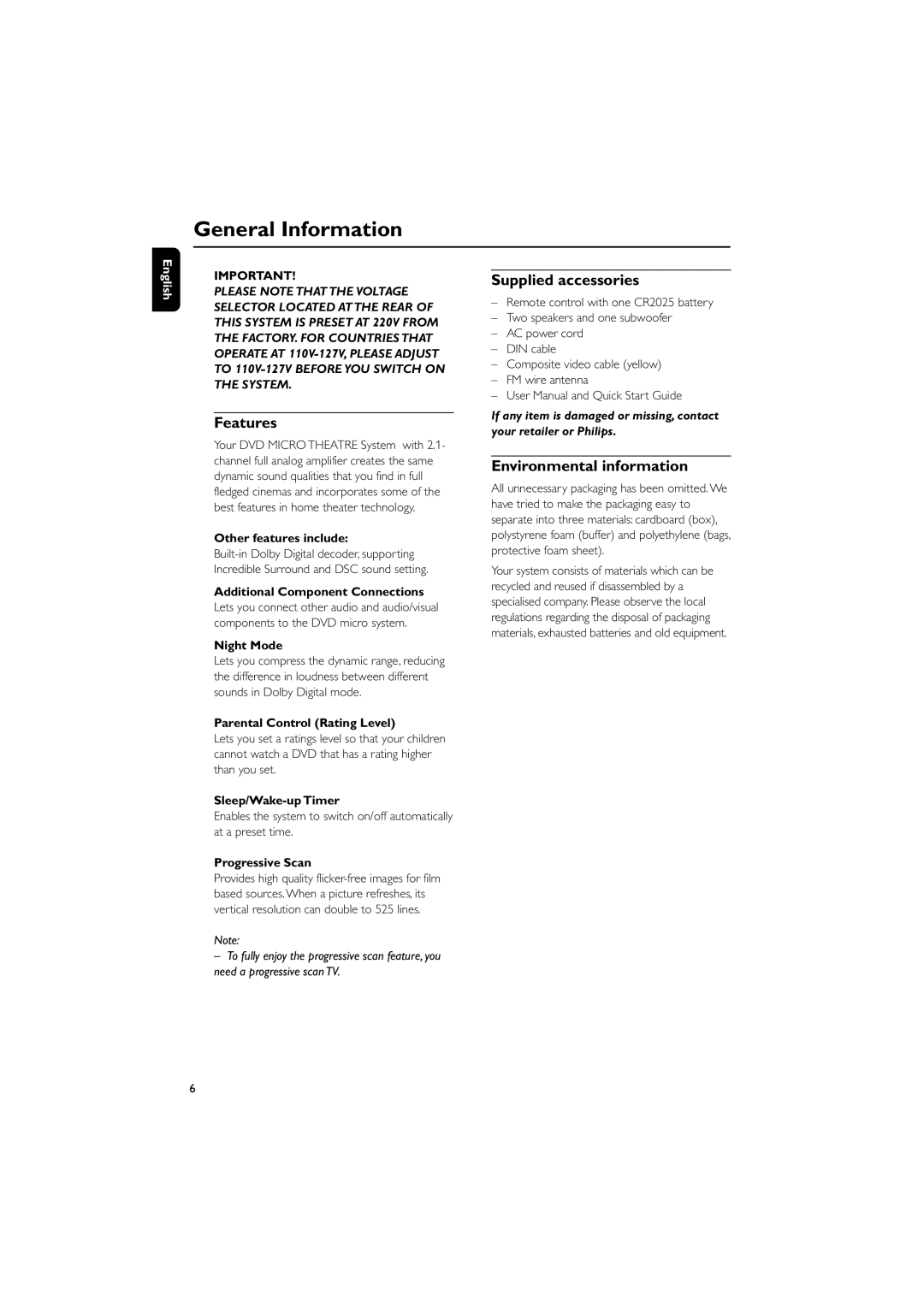 Philips HTM139, MCD139/78 user manual General Information, Features, Supplied accessories, Environmental information 