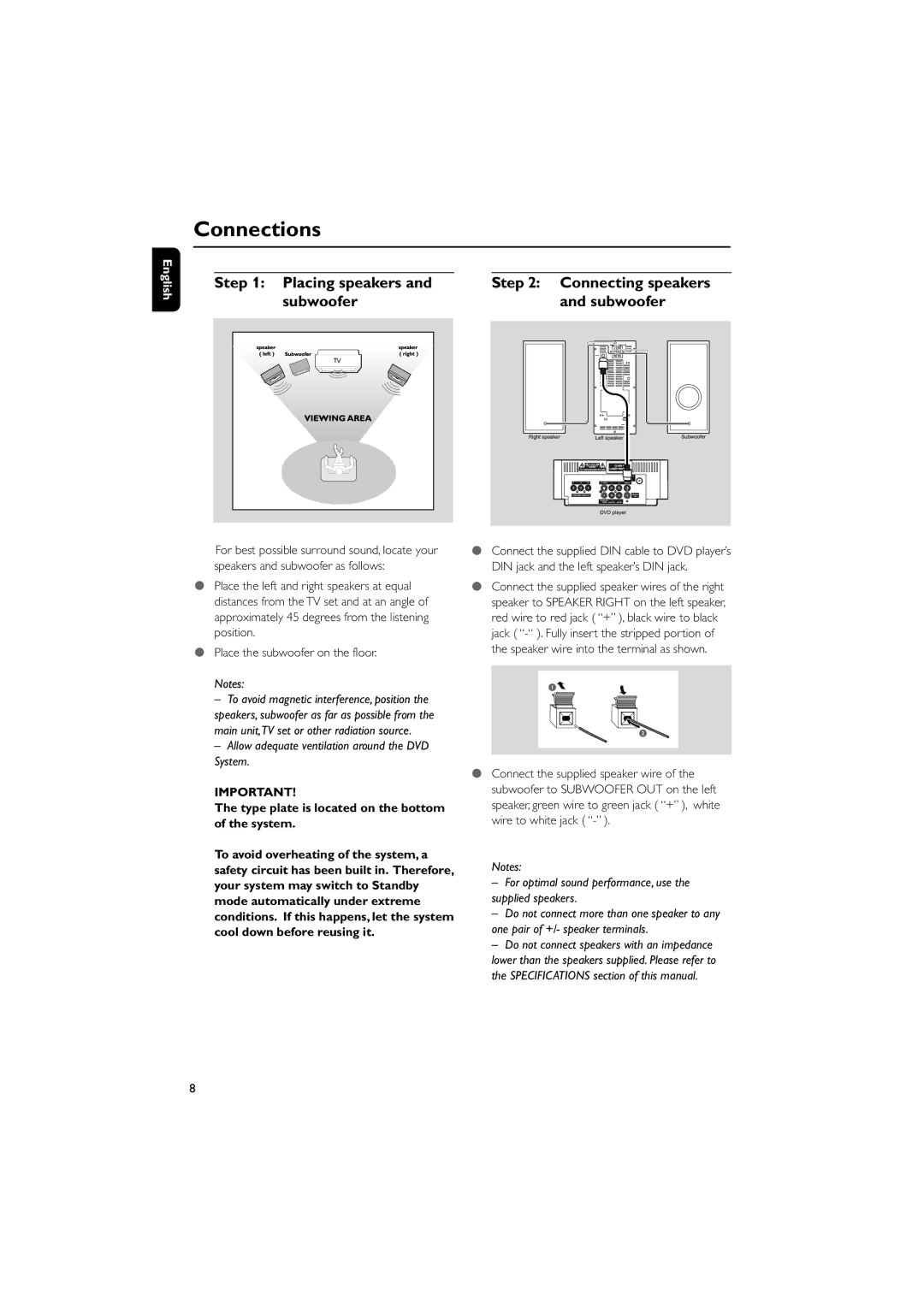 Philips HTM139, MCD139/78 user manual Connections, Placing speakers, Connecting speakers and subwoofer 