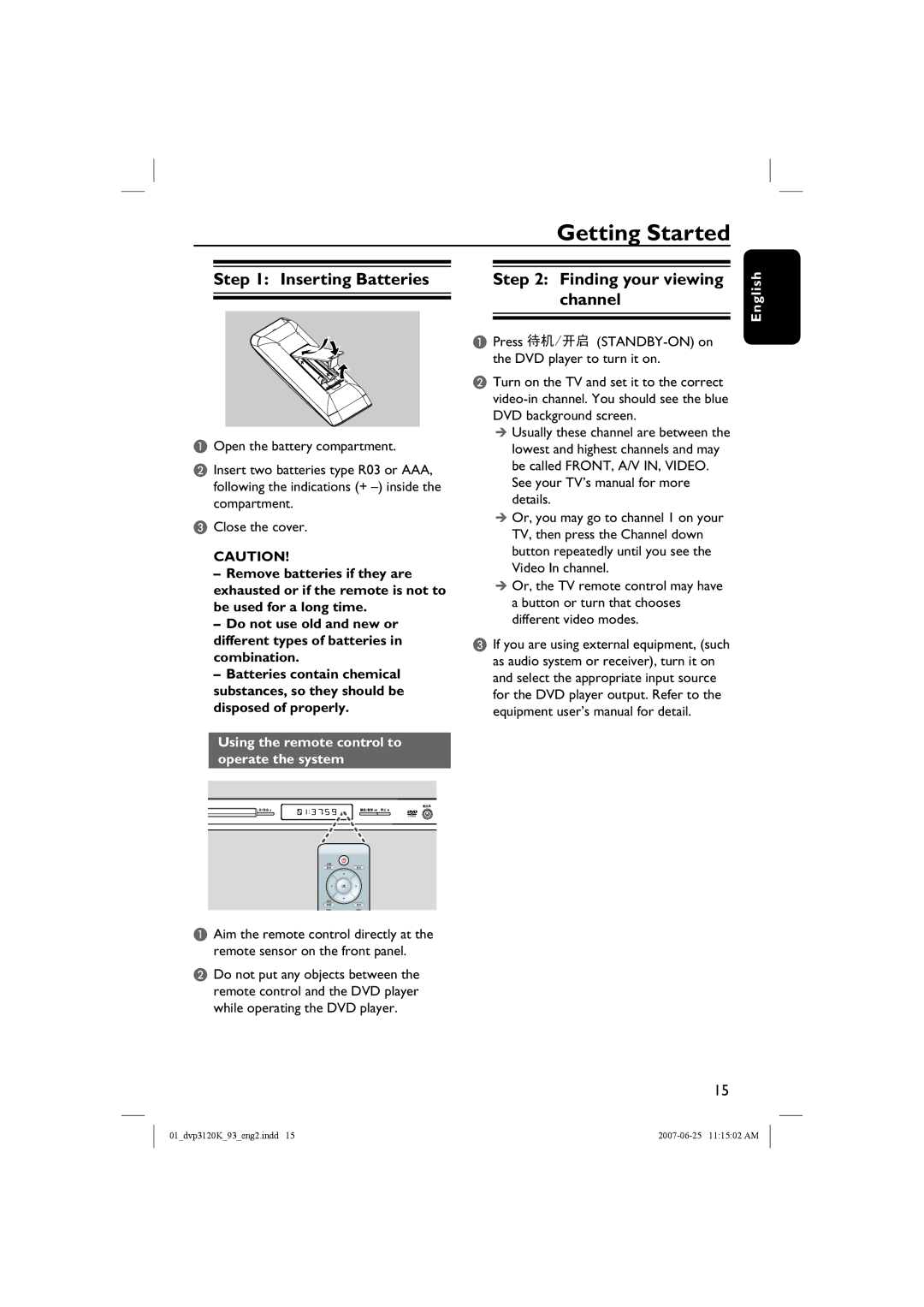 Philips HTP3120K/93 quick start Getting Started, Inserting Batteries, Finding your viewing channel 