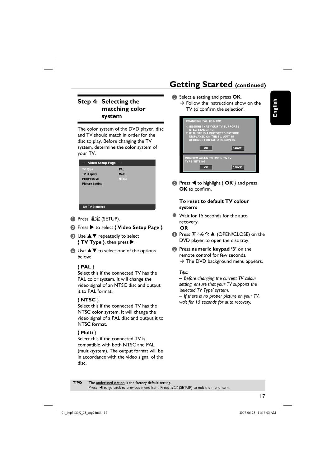 Philips HTP3120K/93 quick start Selecting the matching color system, Pal, Ntsc, Multi, To reset to default TV colour system 