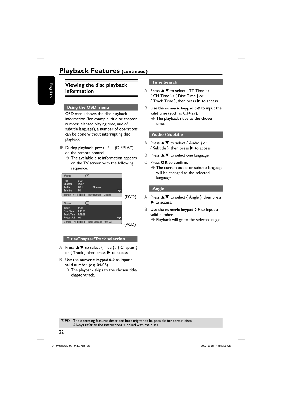 Philips HTP3120K/93 quick start Viewing the disc playback information 