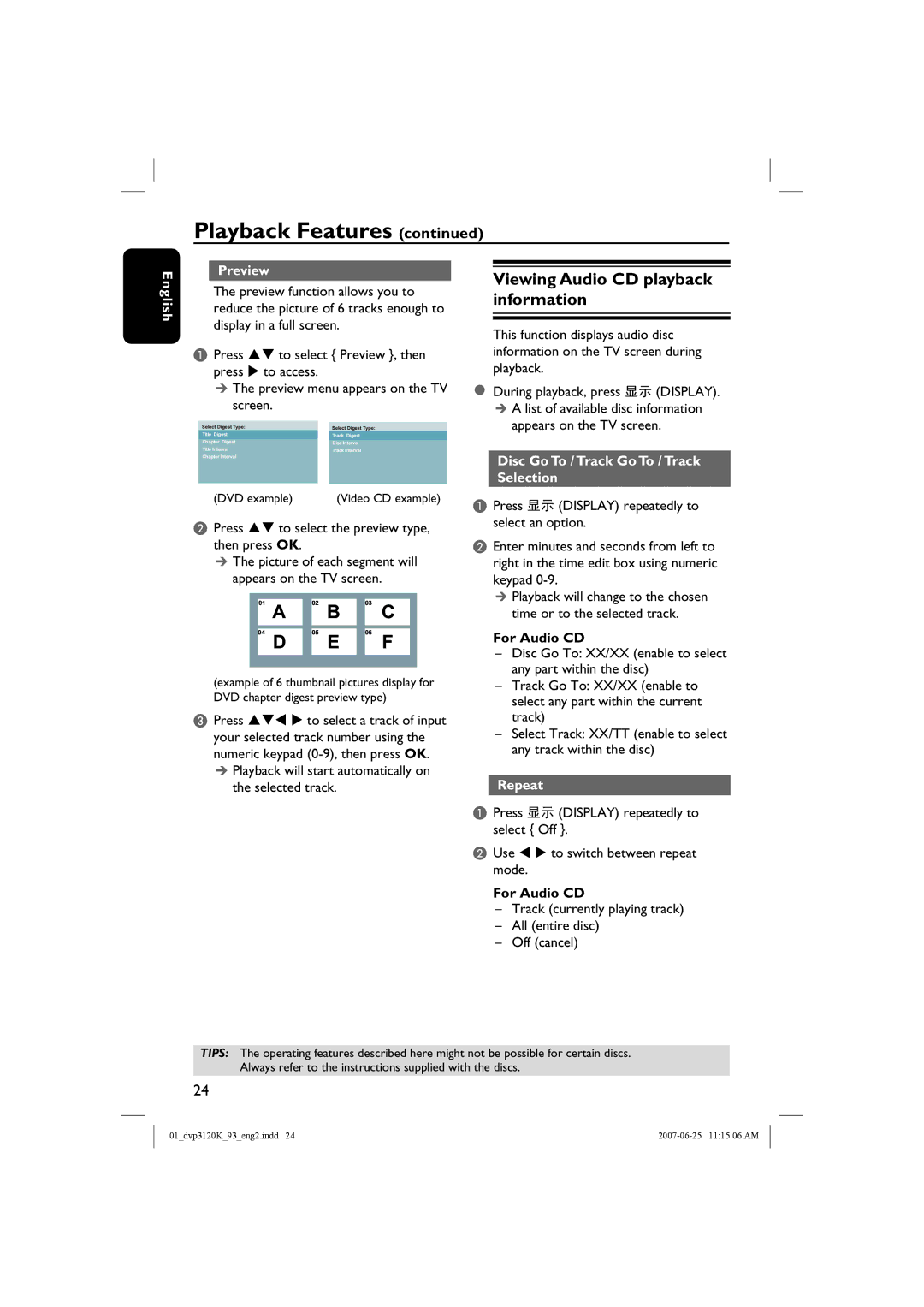 Philips HTP3120K/93 Viewing Audio CD playback information, English Preview, Disc Go To / Track Go To / Track Selection 