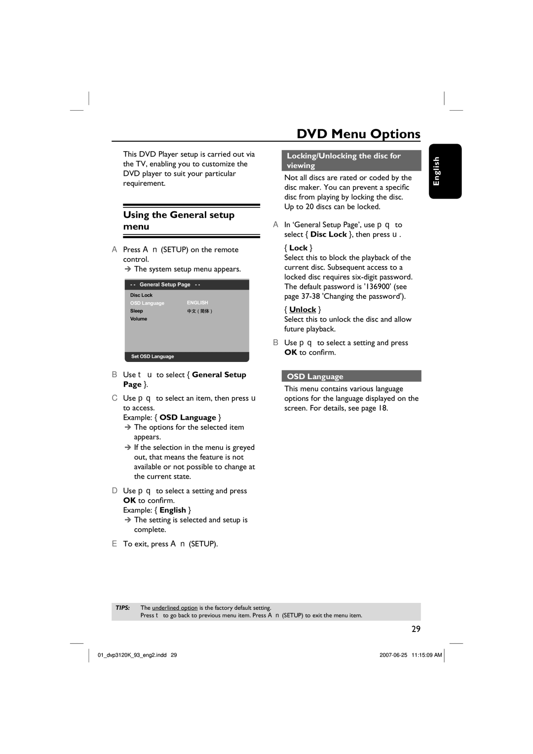 Philips HTP3120K/93 DVD Menu Options, Using the General setup menu, Locking/Unlocking the disc for viewing, OSD Language 