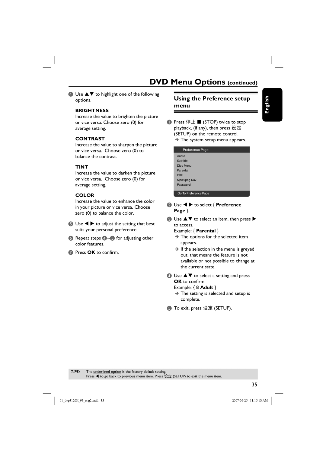 Philips HTP3120K/93 quick start Using the Preference setup menu, Use ST to highlight one of the following options 