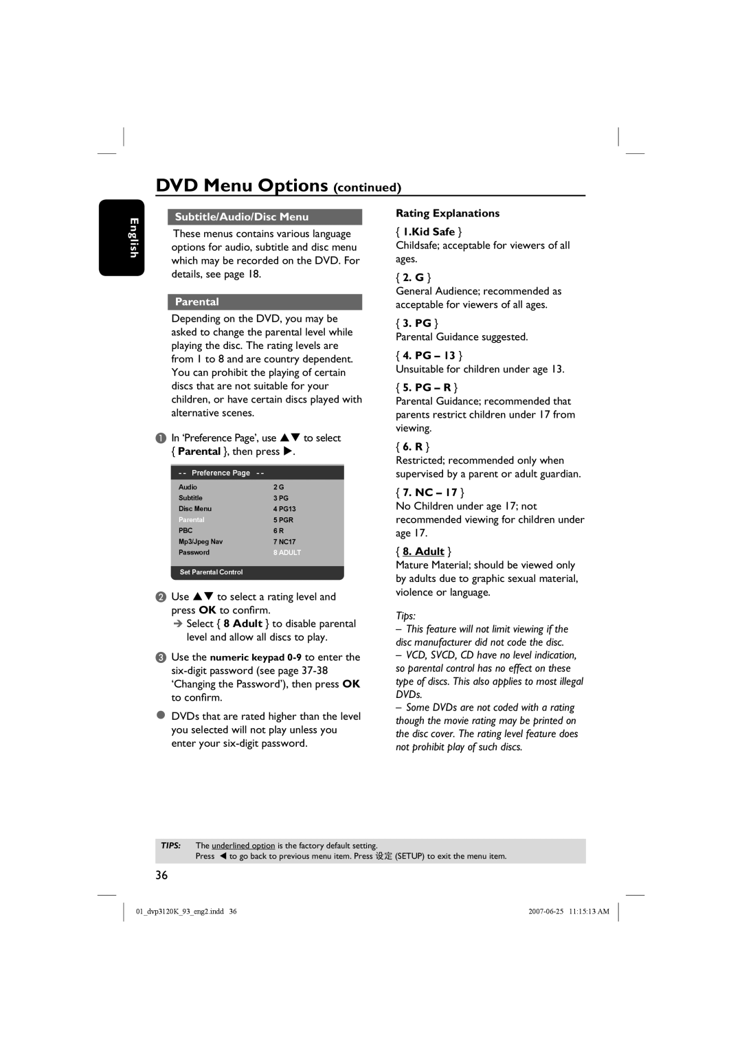 Philips HTP3120K/93 quick start English Subtitle/Audio/Disc Menu, Parental, Rating Explanations Kid Safe, Pg R, Adult 