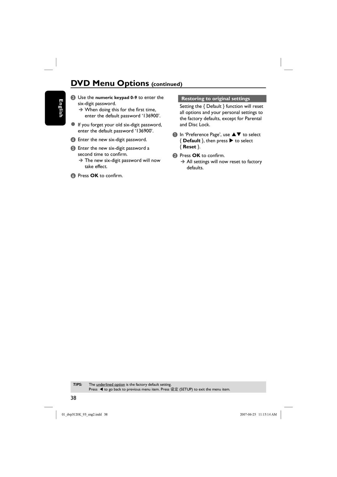 Philips HTP3120K/93 quick start Enter the new six-digit password, Restoring to original settings, Reset 