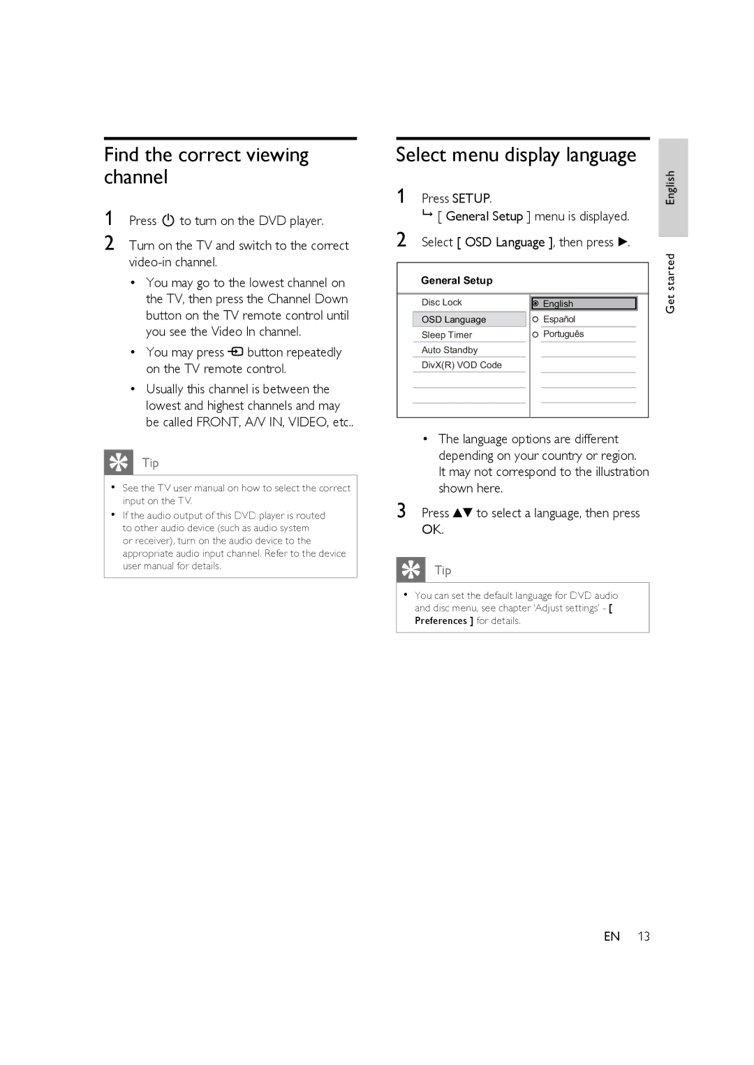 Philips HTP3350K/55 user manual Find the correct viewing channel, Select menu display language 