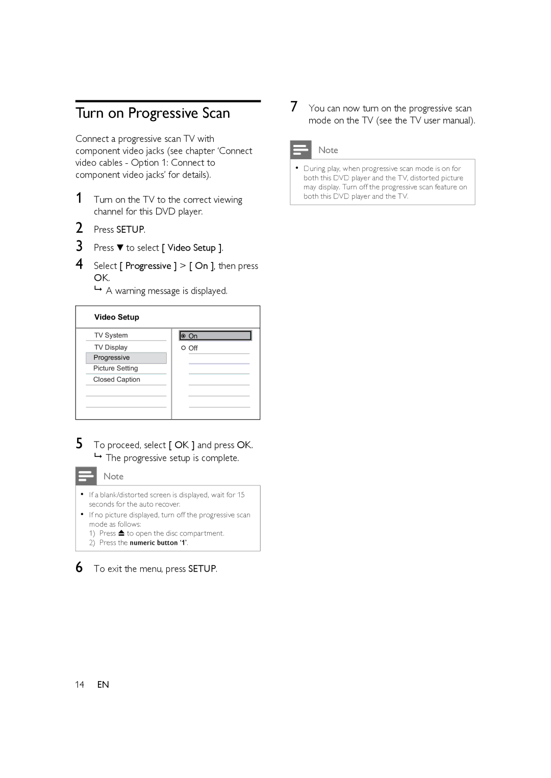 Philips HTP3350K/55 user manual Turn on Progressive Scan, To exit the menu, press Setup, 14 EN 