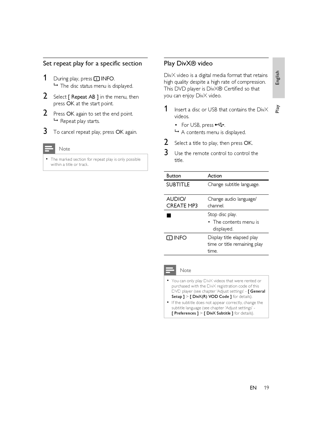 Philips HTP3350K/55 user manual Set repeat play for a speciﬁc section 