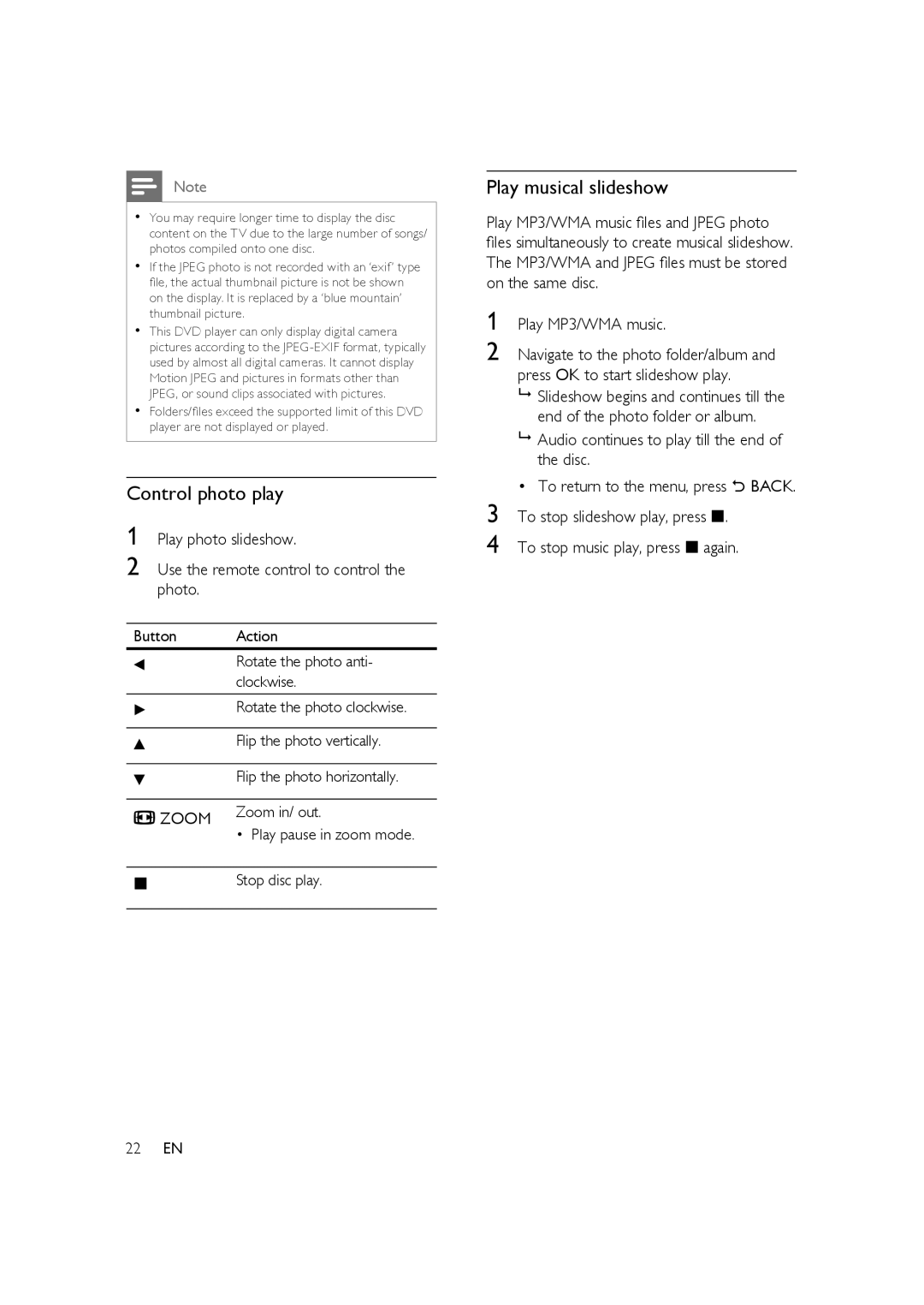 Philips HTP3350K/55 user manual Control photo play, Play musical slideshow 