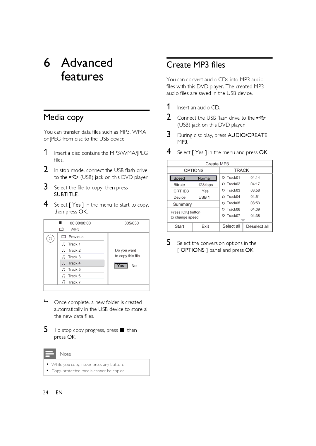 Philips HTP3350K/55 user manual Media copy, Create MP3 ﬁles, Select Yes in the menu to start to copy, then press OK 