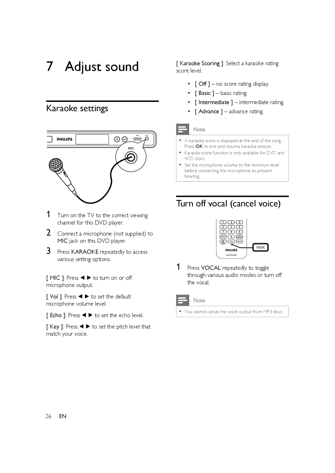 Philips HTP3350K/55 user manual Adjust sound, Karaoke settings, Turn off vocal cancel voice, 26 EN 