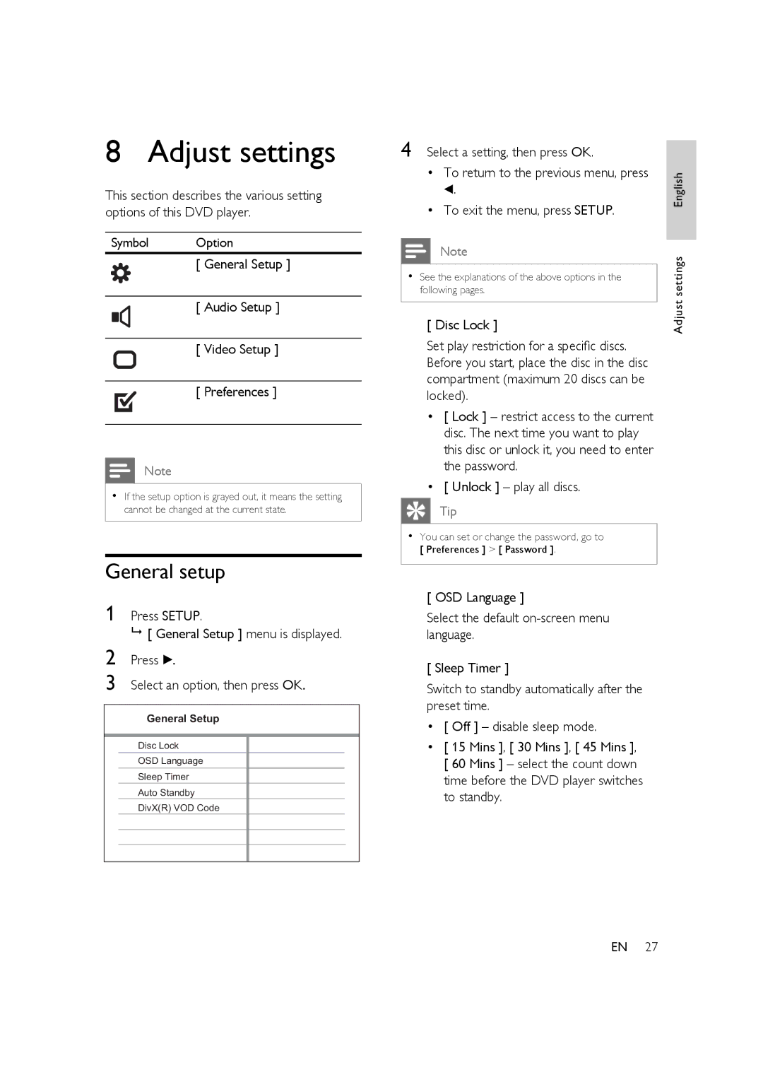 Philips HTP3350K/55 user manual Adjust settings, General setup 