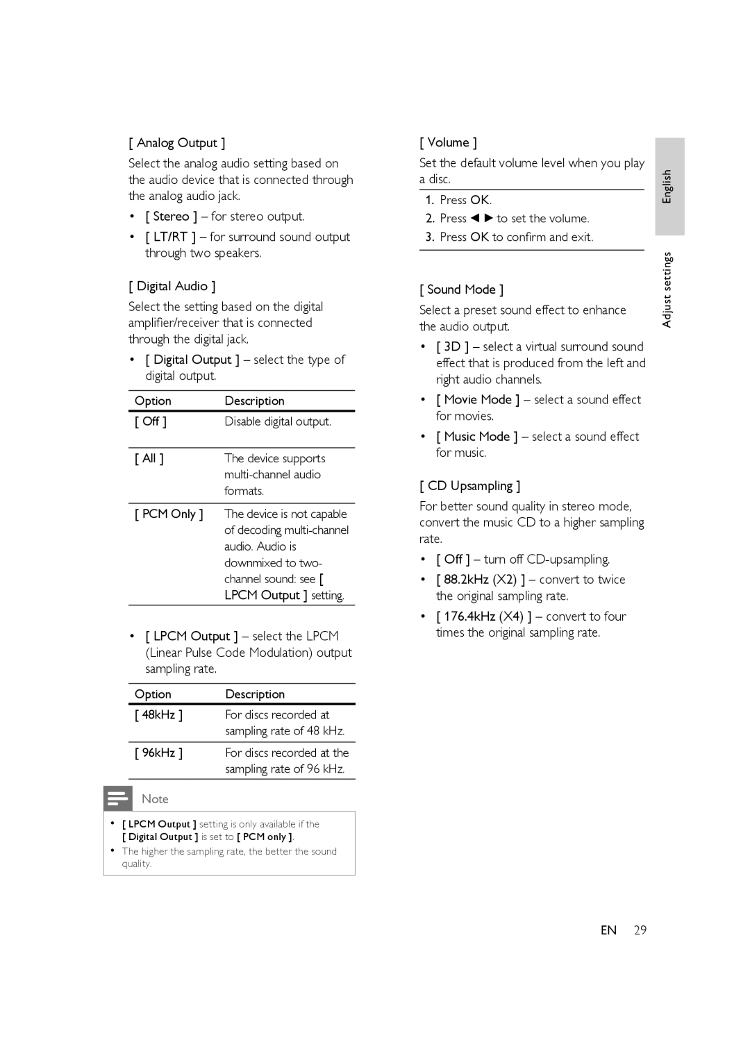 Philips HTP3350K/55 user manual Audio. Audio is, Downmixed to two, Channel sound see, Lpcm Output setting 