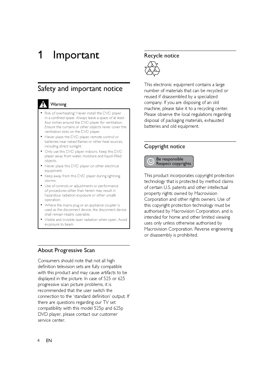 Philips HTP3350K/55 user manual Safety and important notice, About Progressive Scan, Recycle notice, Copyright notice 