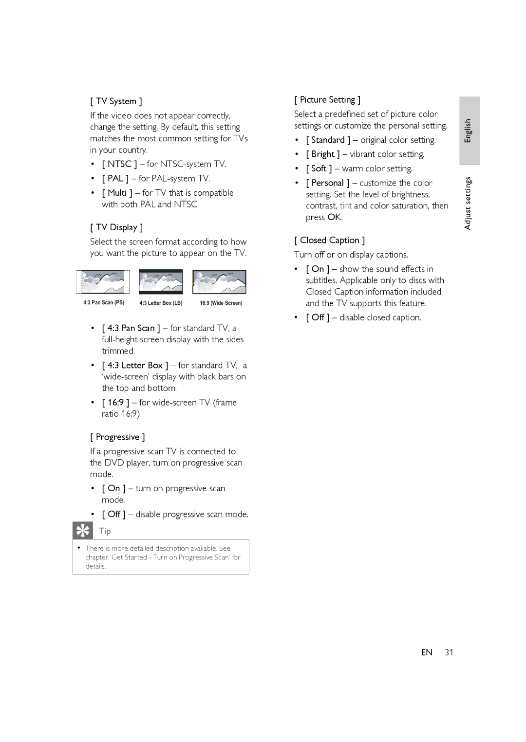 Philips HTP3350K/55 user manual Picture Setting, Off disable closed caption 